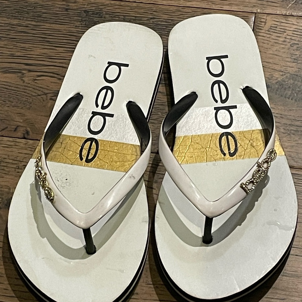 Women’s Sandals bebe Bling Logo Size 10 Thong White Stripes